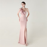 Women One-Shoulder Beaded Wool and Floral Satin Slit Sexy Evening Dress