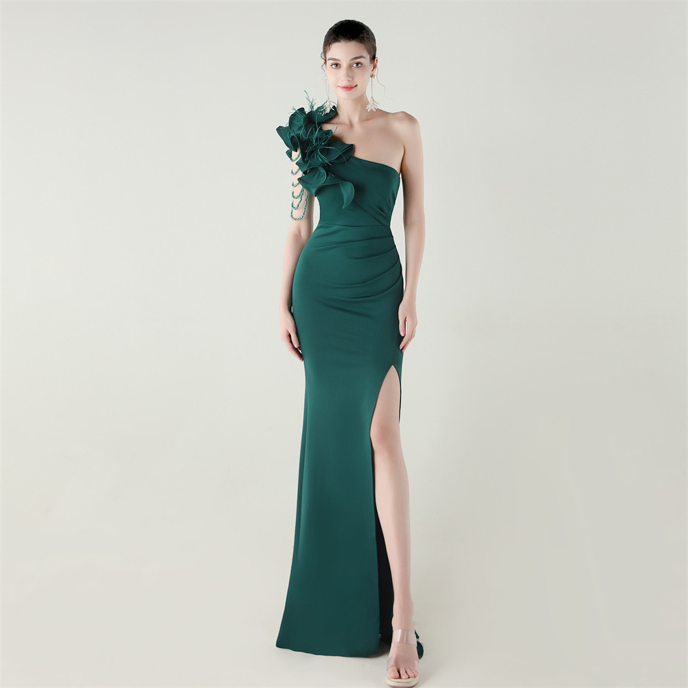 Women One-Shoulder Beaded Wool and Floral Satin Slit Sexy Evening Dress