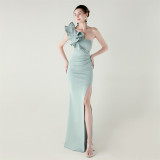 Women One-Shoulder Beaded Wool and Floral Satin Slit Sexy Evening Dress