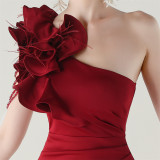 Women One-Shoulder Beaded Wool and Floral Satin Slit Sexy Evening Dress