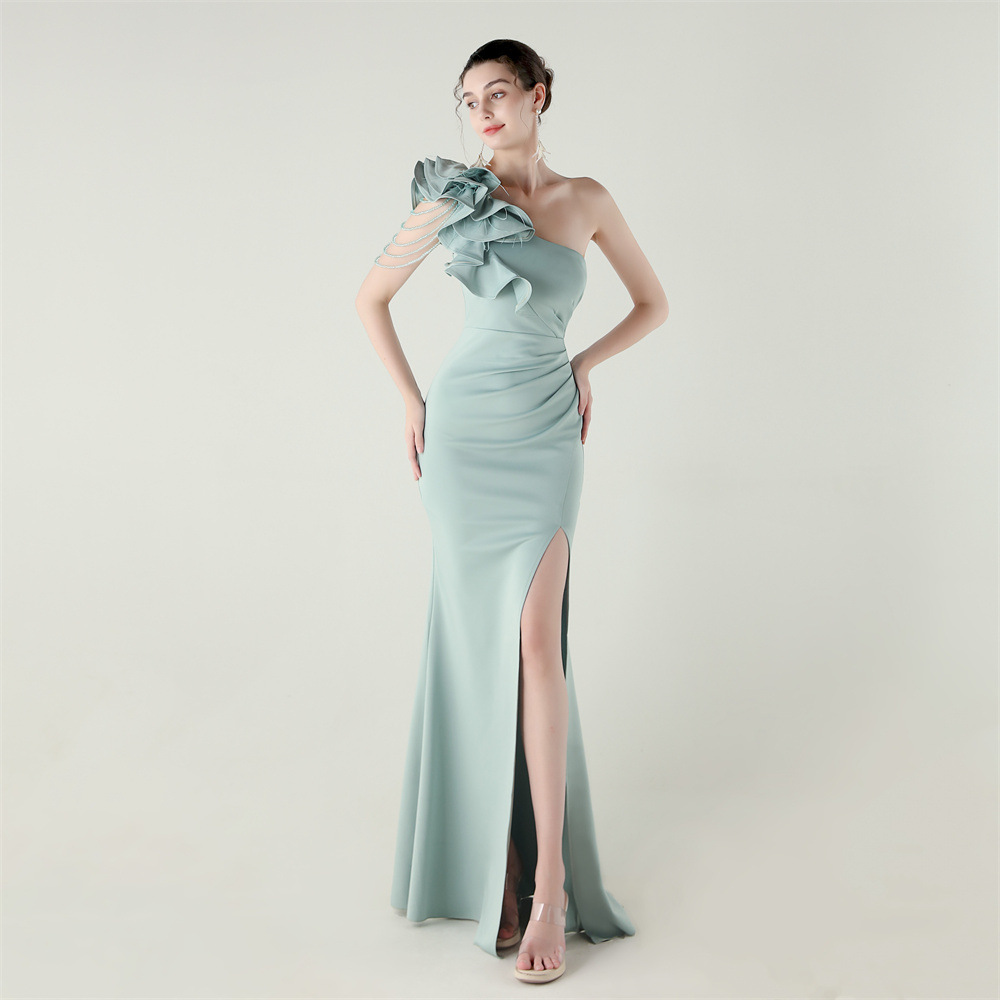 Women One-Shoulder Beaded Wool and Floral Satin Slit Sexy Evening Dress