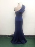 Women One-Shoulder Beaded Wool and Floral Satin Slit Sexy Evening Dress