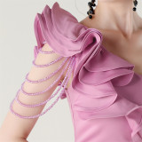 Women One-Shoulder Beaded Wool and Floral Satin Slit Sexy Evening Dress