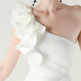 Women One-Shoulder Beaded Wool and Floral Satin Slit Sexy Evening Dress