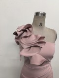 Women One-Shoulder Beaded Wool and Floral Satin Slit Sexy Evening Dress