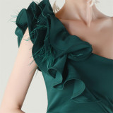 Women One-Shoulder Beaded Wool and Floral Satin Slit Sexy Evening Dress