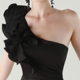 Women One-Shoulder Beaded Wool and Floral Satin Slit Sexy Evening Dress