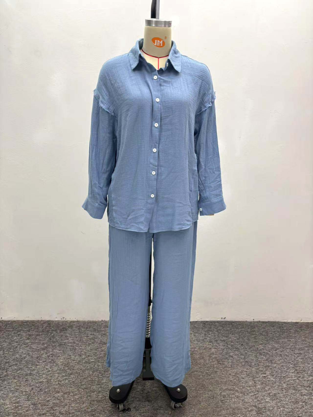 Women Turndown Collar Long-Sleeved Shirt and Pants Two-Piece Set