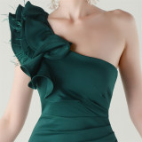 Women One-Shoulder Beaded Wool and Floral Satin Slit Sexy Evening Dress