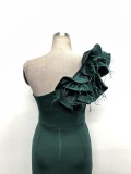 Women One-Shoulder Beaded Wool and Floral Satin Slit Sexy Evening Dress