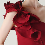 Women One-Shoulder Beaded Wool and Floral Satin Slit Sexy Evening Dress