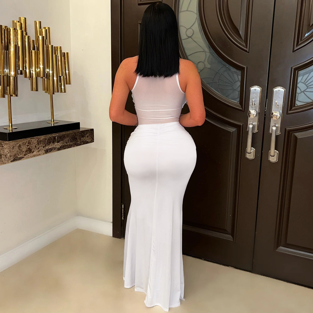 Women Mesh Patchwork Sexy See-Through Bodycon Maxi Dress