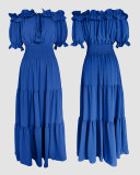 Women Off-Shoulder Ruffle Edge Stretchy Bell Bottom Maxi Dress
