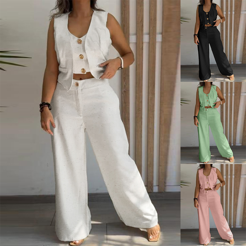 Women Metal Button Faux Sleeveless Top and Casual Solid Pant Two-Piece Set