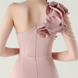 Women One-Shoulder Beaded Wool and Floral Satin Slit Sexy Evening Dress