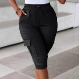 Women Summer Elastic Waist Casual Multi-Pocket Solid Capri Pants