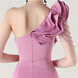 Women One-Shoulder Beaded Wool and Floral Satin Slit Sexy Evening Dress