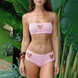 Women Summer Heart Print Hole Strapless Sexy Solid Top and Shorts Two-Piece Set