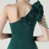 Women One-Shoulder Beaded Wool and Floral Satin Slit Sexy Evening Dress