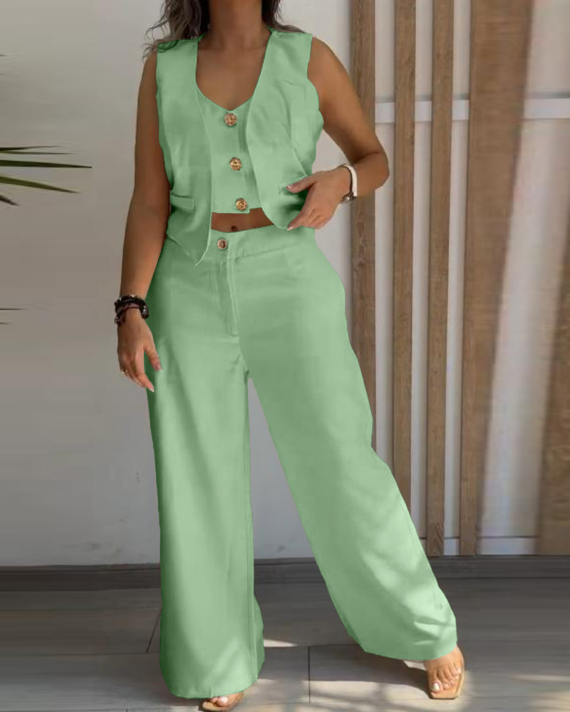 Women Metal Button Faux Sleeveless Top and Casual Solid Pant Two-Piece Set