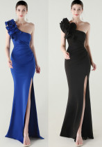 Women One-Shoulder Beaded Wool and Floral Satin Slit Sexy Evening Dress Women One-Shoulder Beaded Wool and Floral Satin Slit Sexy Evening Dress