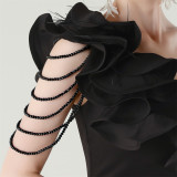 Women One-Shoulder Beaded Wool and Floral Satin Slit Sexy Evening Dress