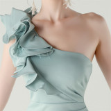 Women One-Shoulder Beaded Wool and Floral Satin Slit Sexy Evening Dress