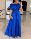 Women Off-Shoulder Ruffle Edge Stretchy Bell Bottom Maxi Dress