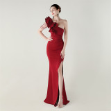 Women One-Shoulder Beaded Wool and Floral Satin Slit Sexy Evening Dress