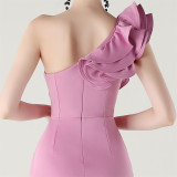 Women One-Shoulder Beaded Wool and Floral Satin Slit Sexy Evening Dress