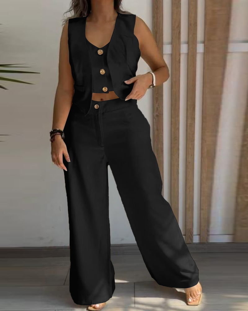 Women Metal Button Faux Sleeveless Top and Casual Solid Pant Two-Piece Set