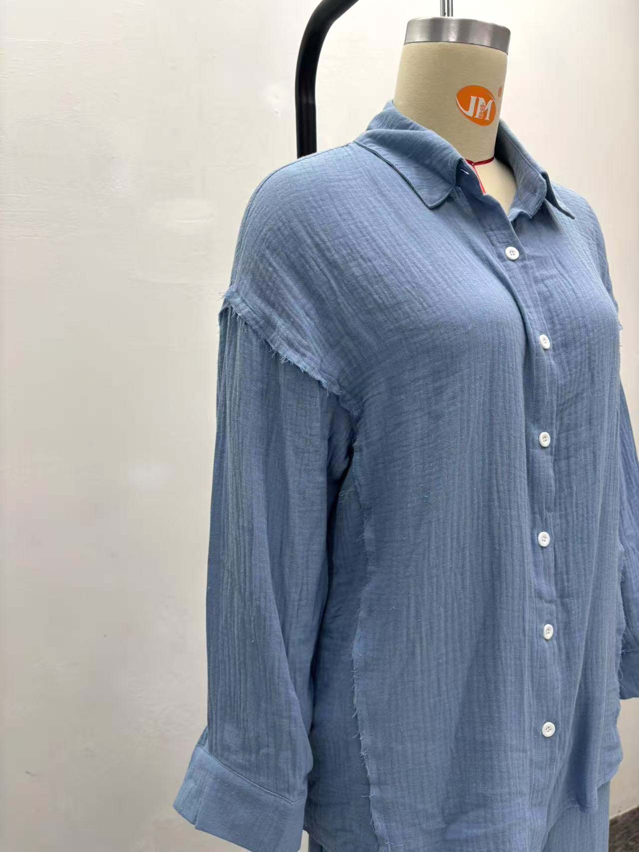 Women Turndown Collar Long-Sleeved Shirt and Pants Two-Piece Set