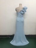 Women One-Shoulder Beaded Wool and Floral Satin Slit Sexy Evening Dress