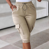 Women Summer Elastic Waist Casual Multi-Pocket Solid Capri Pants