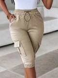 Women Summer Elastic Waist Casual Multi-Pocket Solid Capri Pants