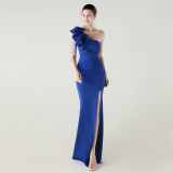 Women One-Shoulder Beaded Wool and Floral Satin Slit Sexy Evening Dress