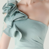 Women One-Shoulder Beaded Wool and Floral Satin Slit Sexy Evening Dress