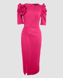 Women Puff Sleeve Floral Pleated Slit Dress