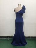 Women One-Shoulder Beaded Wool and Floral Satin Slit Sexy Evening Dress