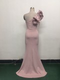 Women One-Shoulder Beaded Wool and Floral Satin Slit Sexy Evening Dress