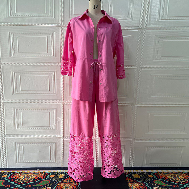 Women Spring Long-Sleeved Shirt and Patchwork Lace Pant Two-Piece Set