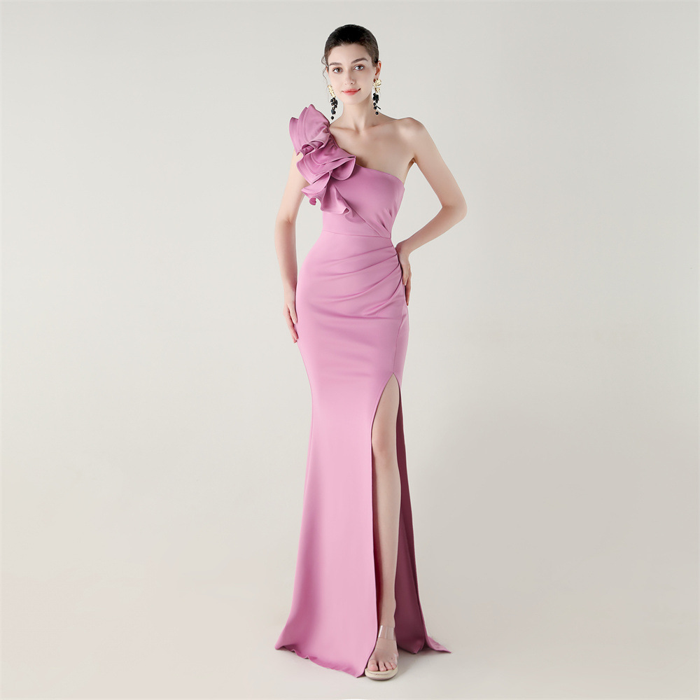 Women One-Shoulder Beaded Wool and Floral Satin Slit Sexy Evening Dress