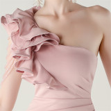 Women One-Shoulder Beaded Wool and Floral Satin Slit Sexy Evening Dress