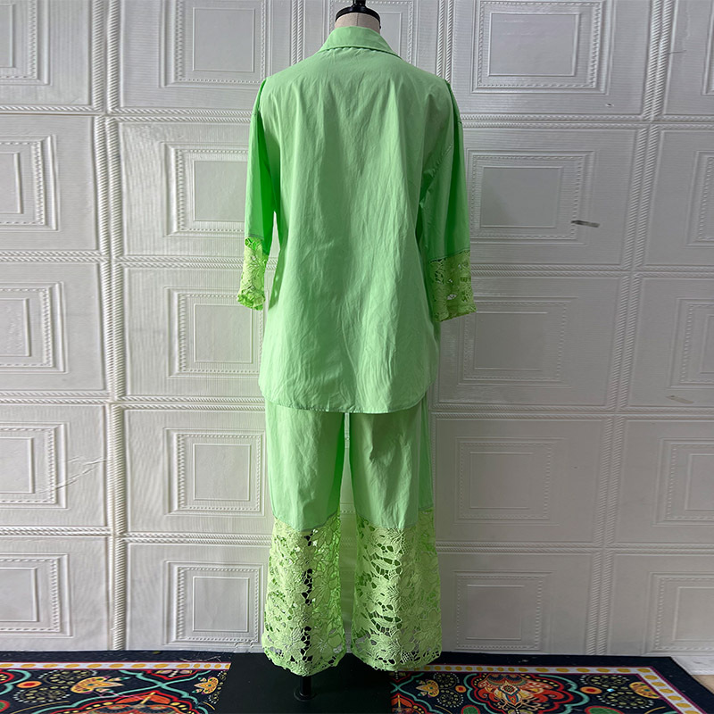 Women Spring Long-Sleeved Shirt and Patchwork Lace Pant Two-Piece Set