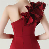 Women One-Shoulder Beaded Wool and Floral Satin Slit Sexy Evening Dress