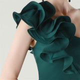 Women One-Shoulder Beaded Wool and Floral Satin Slit Sexy Evening Dress