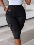 Women Summer Elastic Waist Casual Multi-Pocket Solid Capri Pants