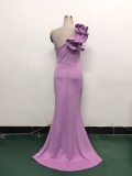 Women One-Shoulder Beaded Wool and Floral Satin Slit Sexy Evening Dress
