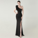 Women One-Shoulder Beaded Wool and Floral Satin Slit Sexy Evening Dress