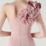 Women One-Shoulder Beaded Wool and Floral Satin Slit Sexy Evening Dress